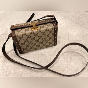 Gucci Trunk Flap Lock Shoulder Bag GG Coated Canvas with Studded Leather Mini